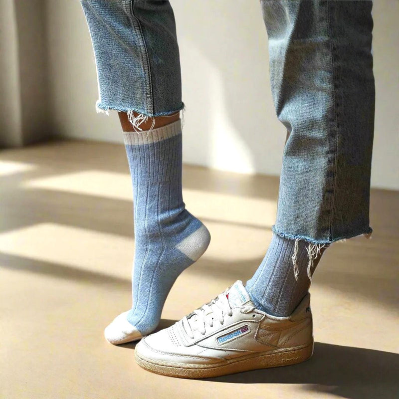 Chaussettes En Laine Mérinos Avec Bandes - Bleu