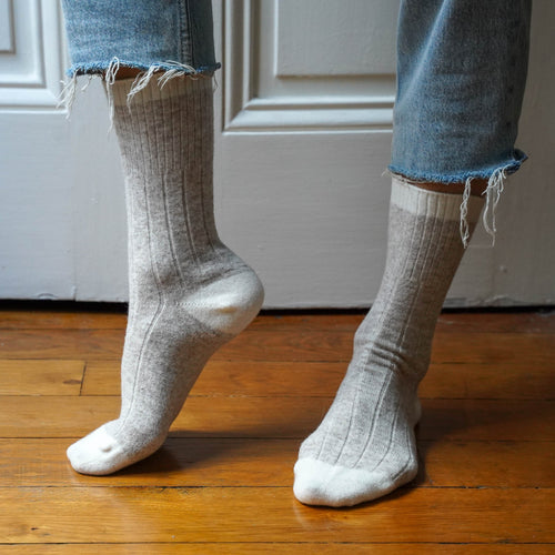 Chaussettes En Laine Mérinos Avec Bandes - Sand