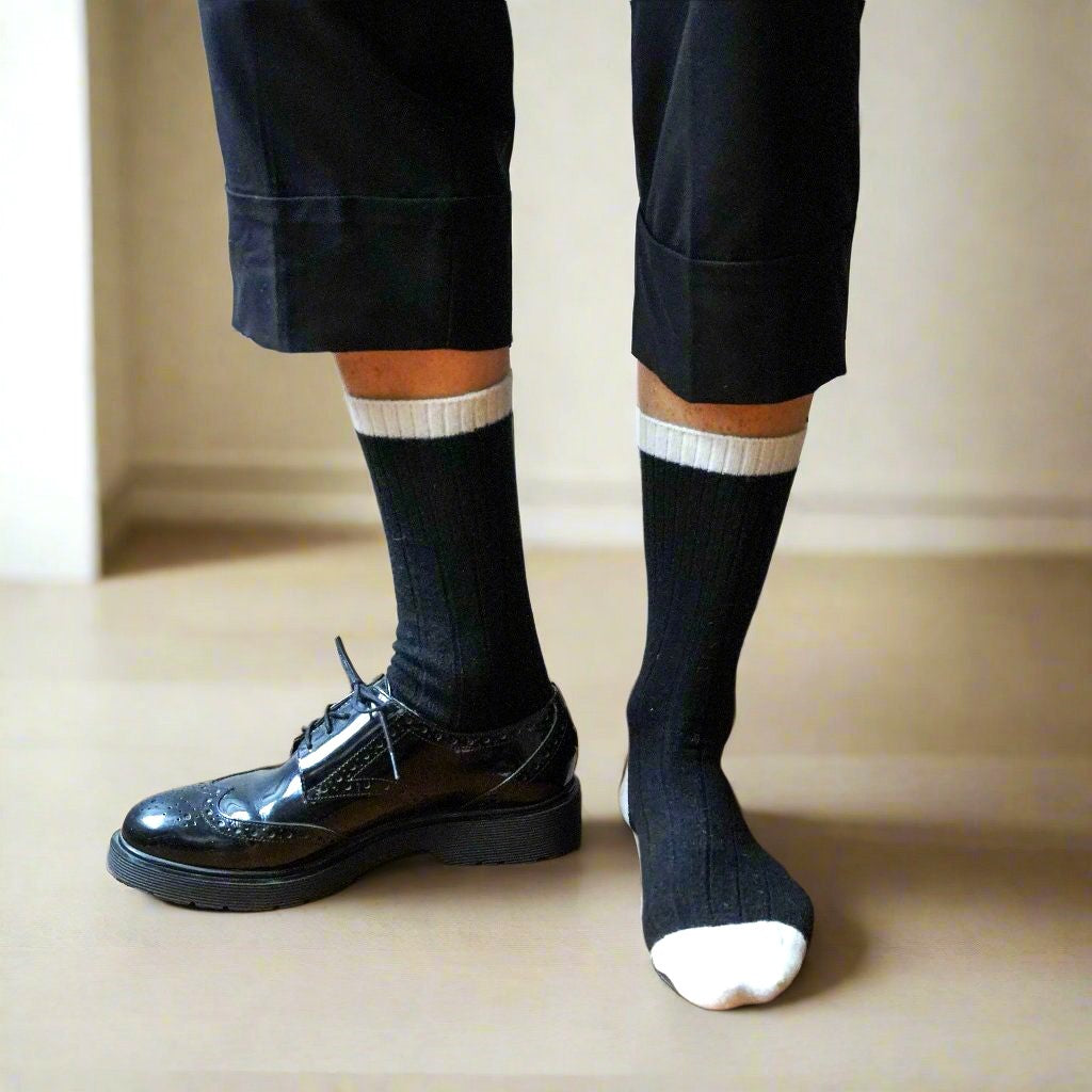 Calcetines de lana merina con franjas - Negro y blanco