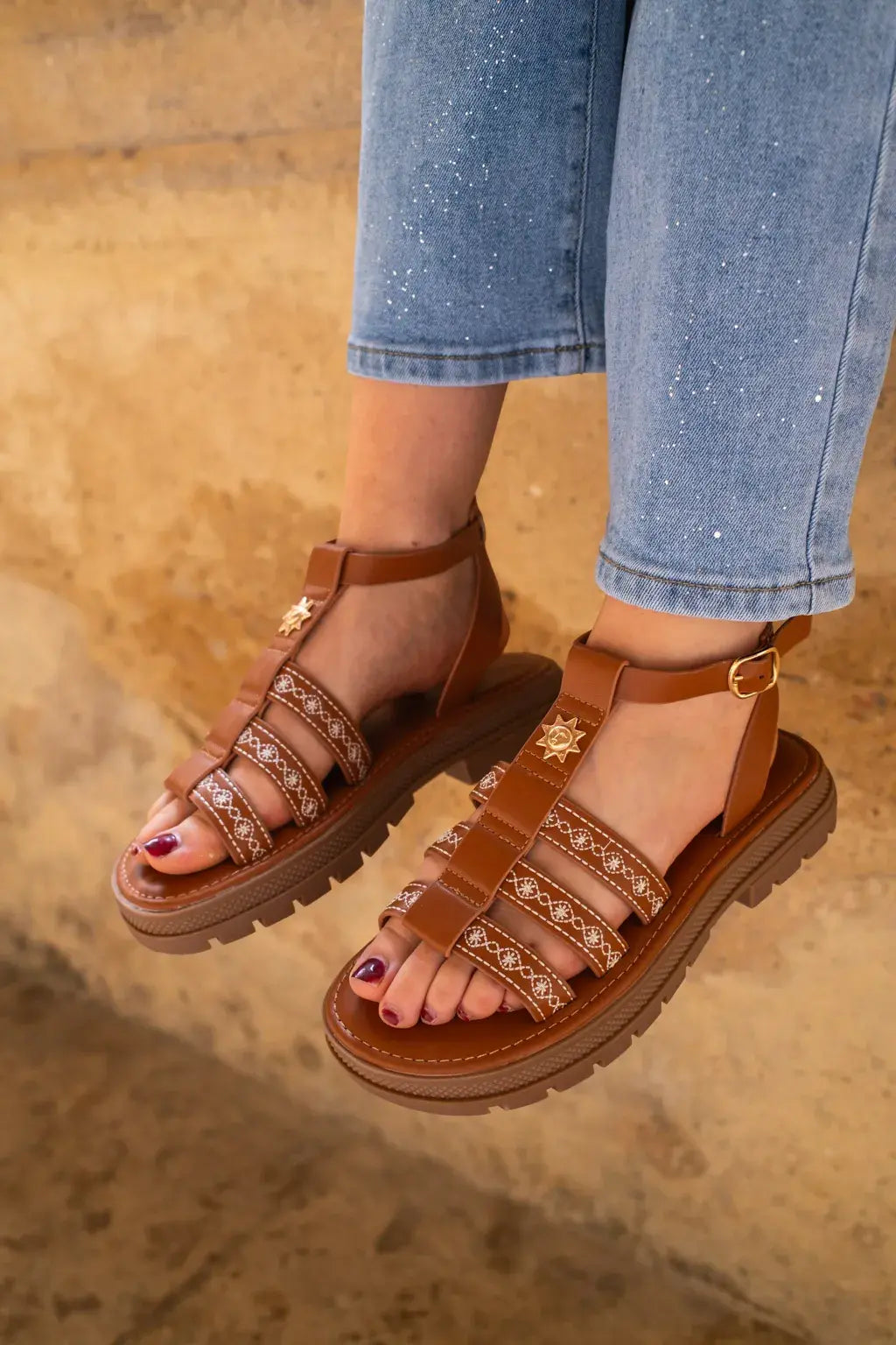 Sandales Soleil Camel Brodées