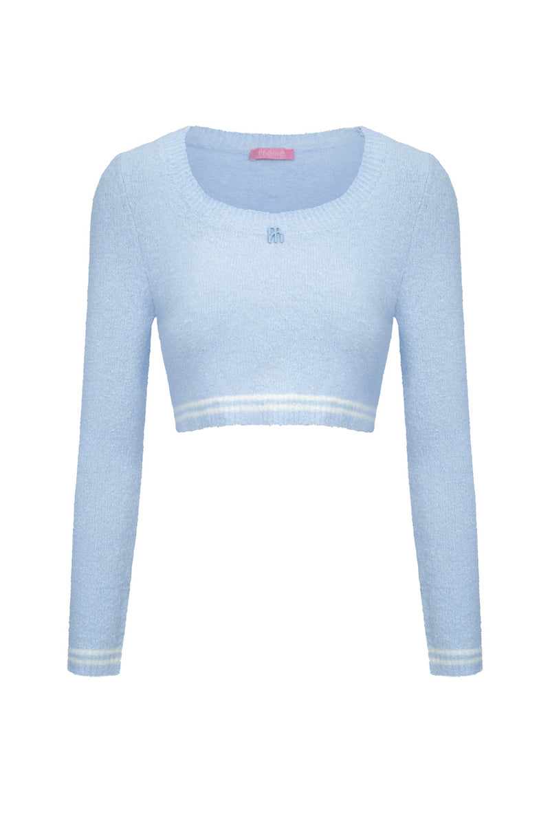 Haut Raccourci En Maille Bouclette - Bleu Ciel