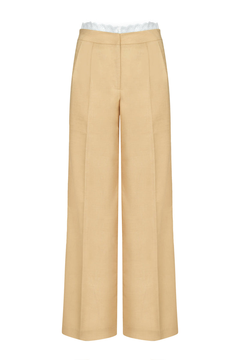 Pantalon Droit Trompe-L'Œil Orné Dentelle - Cookie
