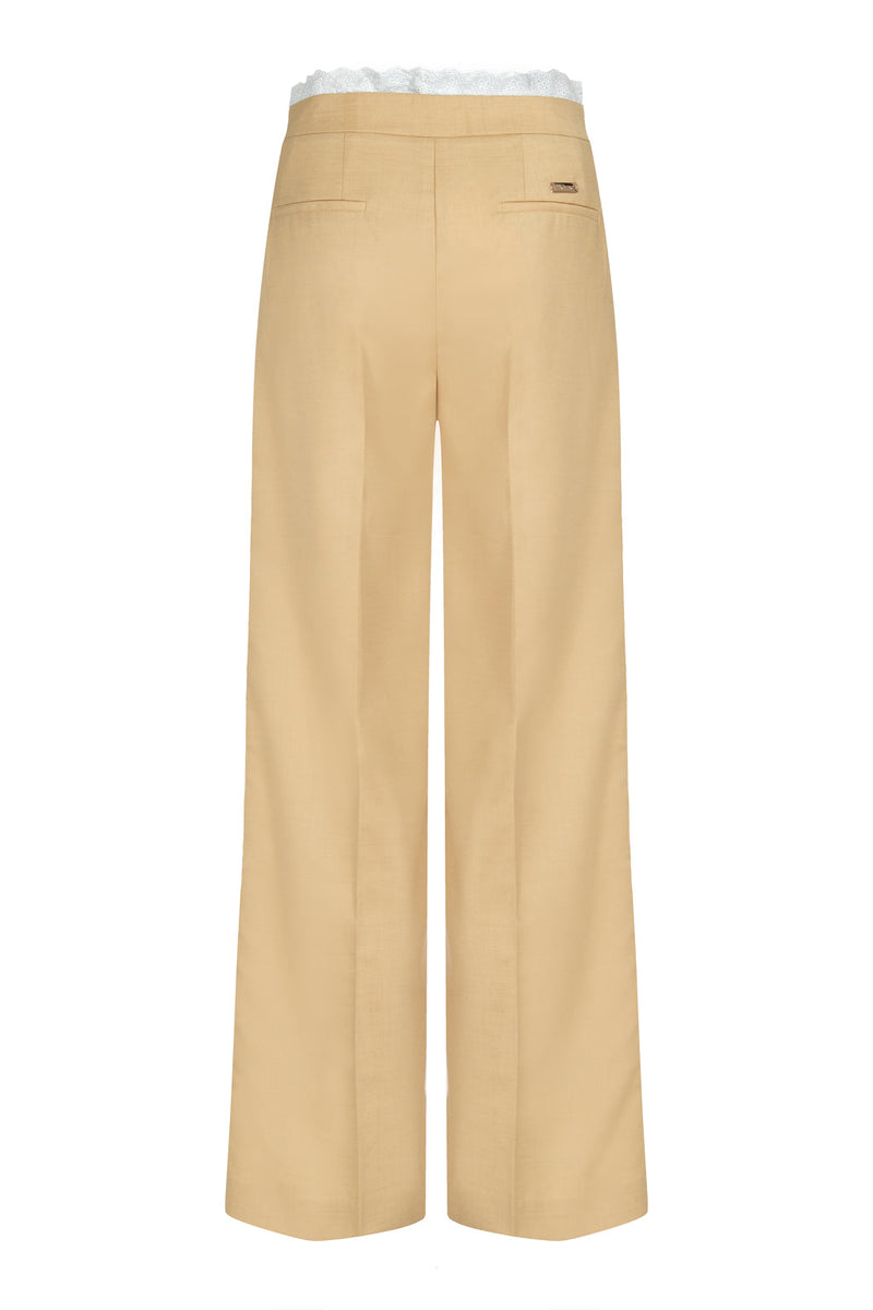 Pantalon Droit Trompe-L'Œil Orné Dentelle - Cookie