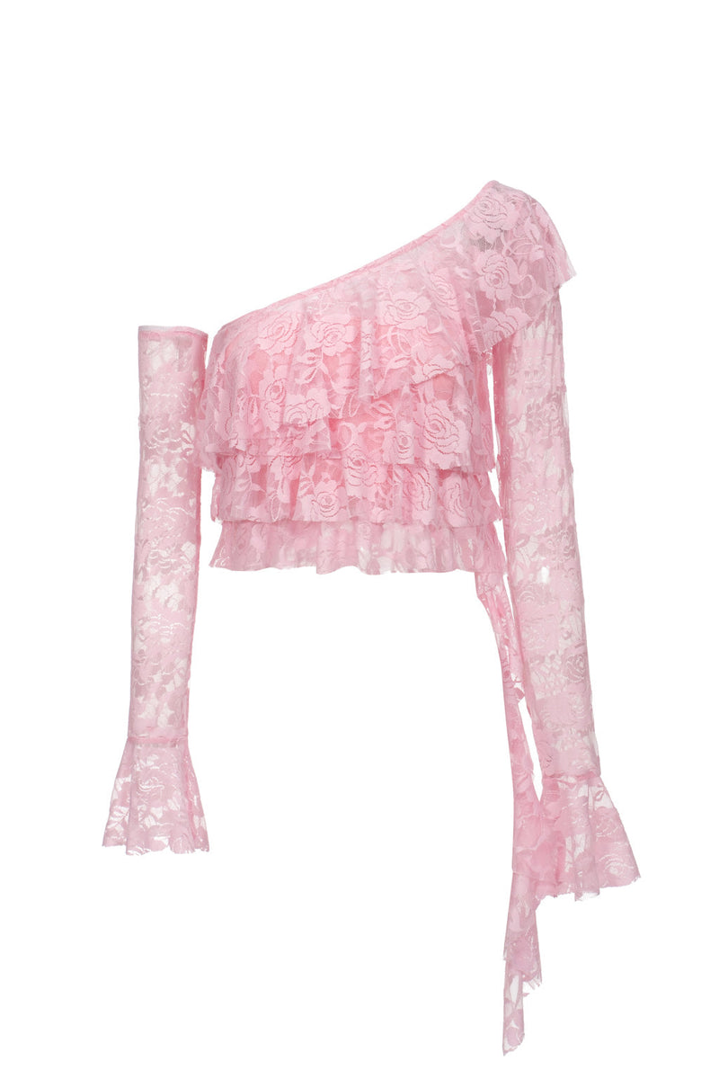 Haut en dentelle à volants asymétriques - rose sucre