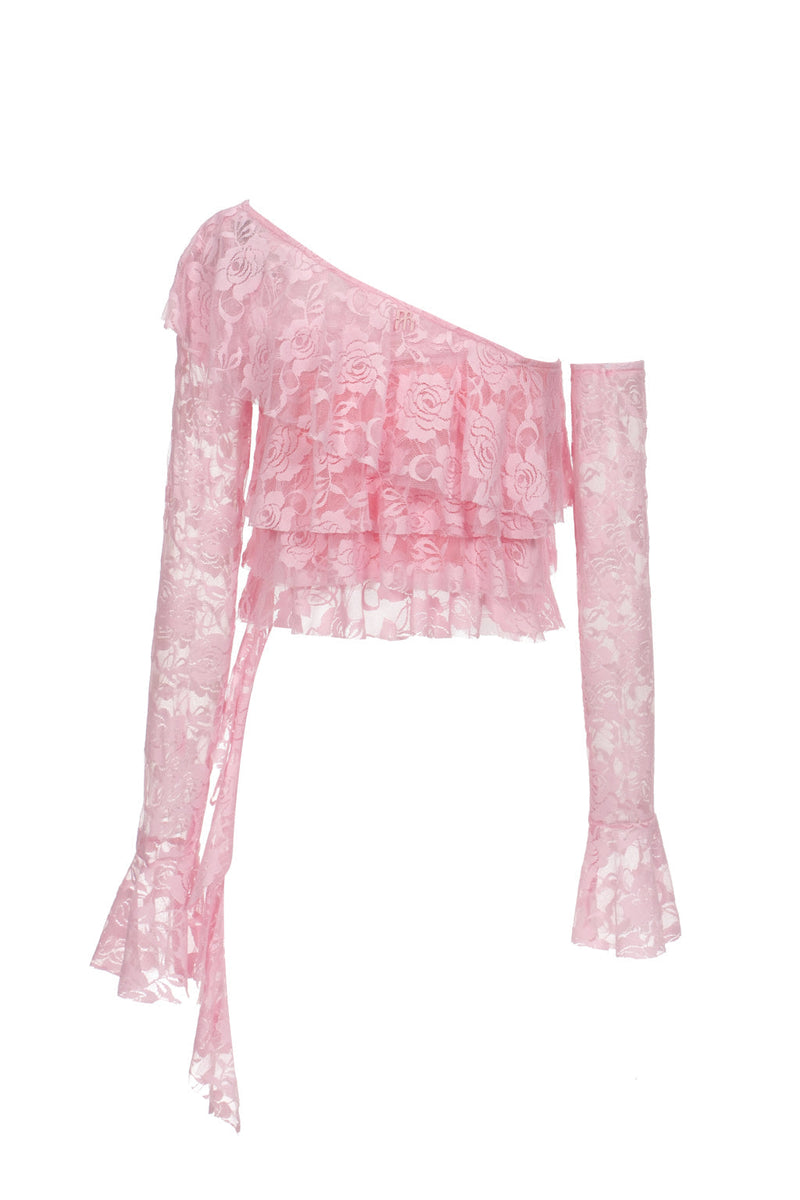 Haut en dentelle à volants asymétriques - rose sucre