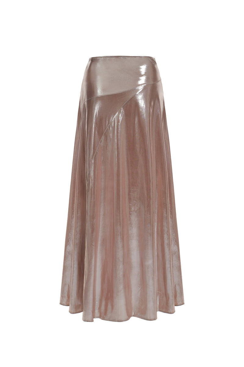 Jupe Longue En Lamé Stretch À Godets - Or Rose