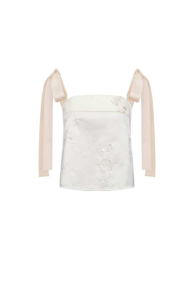 Haut Brodé À Dos Ouvert Et À Liens - Beige