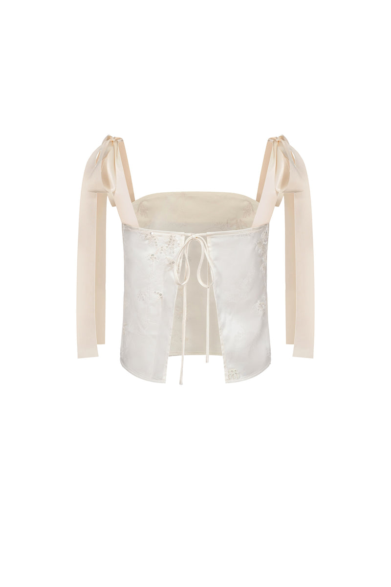 Haut Brodé À Dos Ouvert Et À Liens - Beige