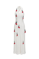 Halterneck Knitted Dress With Crochet Flowers - White