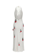 Halterneck Knitted Dress With Crochet Flowers - White