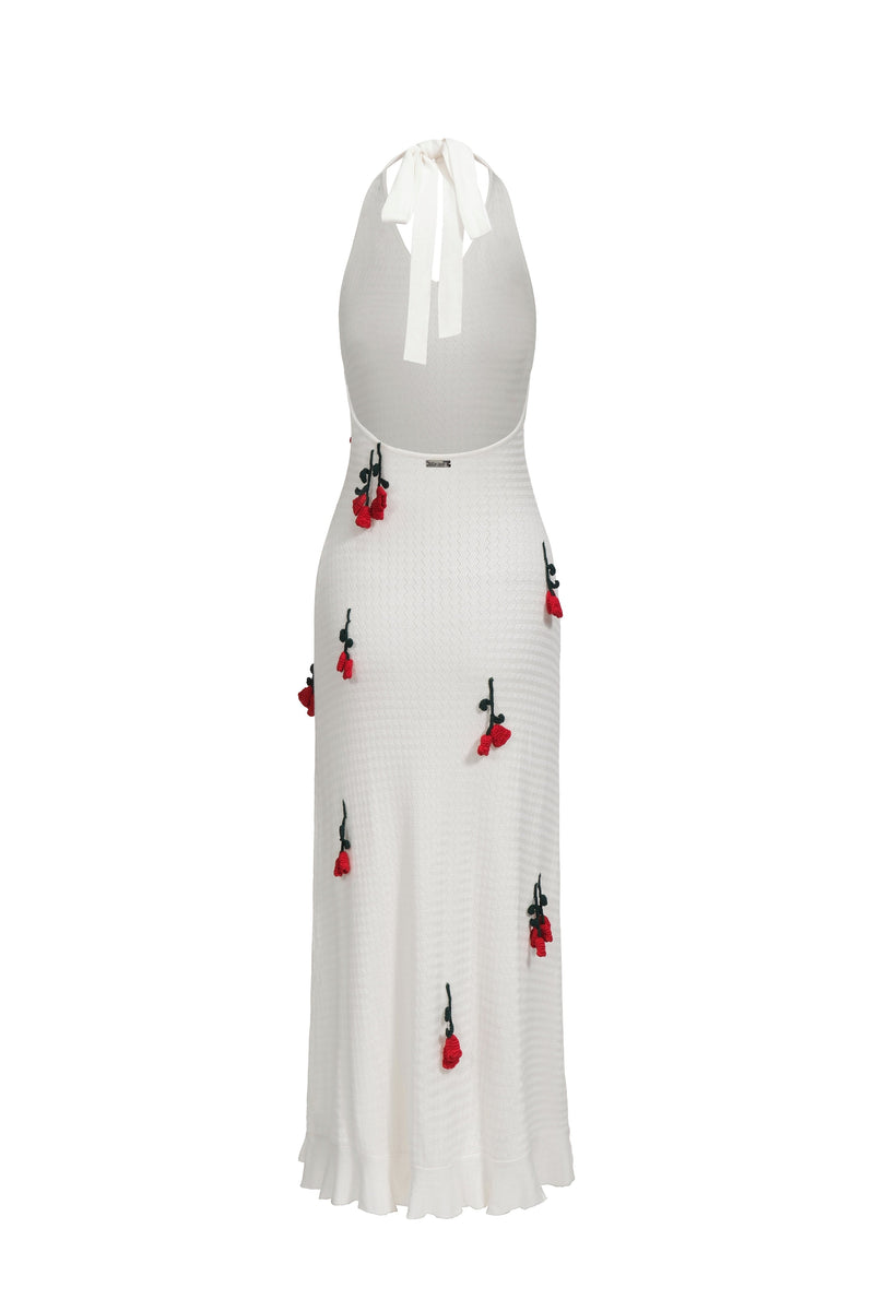 Halterneck Knitted Dress With Crochet Flowers - White
