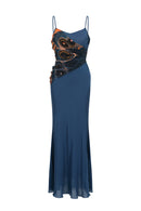 Long dress with pleats and butterfly print
