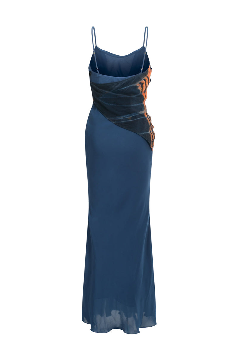 Long dress with pleats and butterfly print