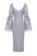 Robe En Maille Réfléchissante Avec Manche Amovible En Organza - Gris Opale