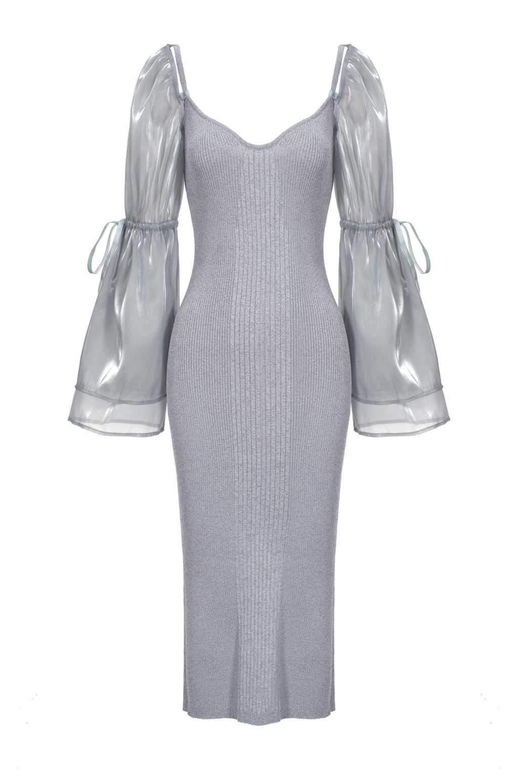 Vestido de Punto Reflectante con Manga Desmontable de Organza - Gris Ópalo