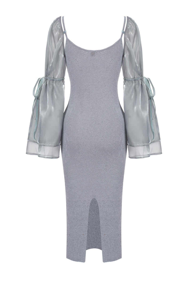 Robe En Maille Réfléchissante Avec Manche Amovible En Organza - Gris Opale