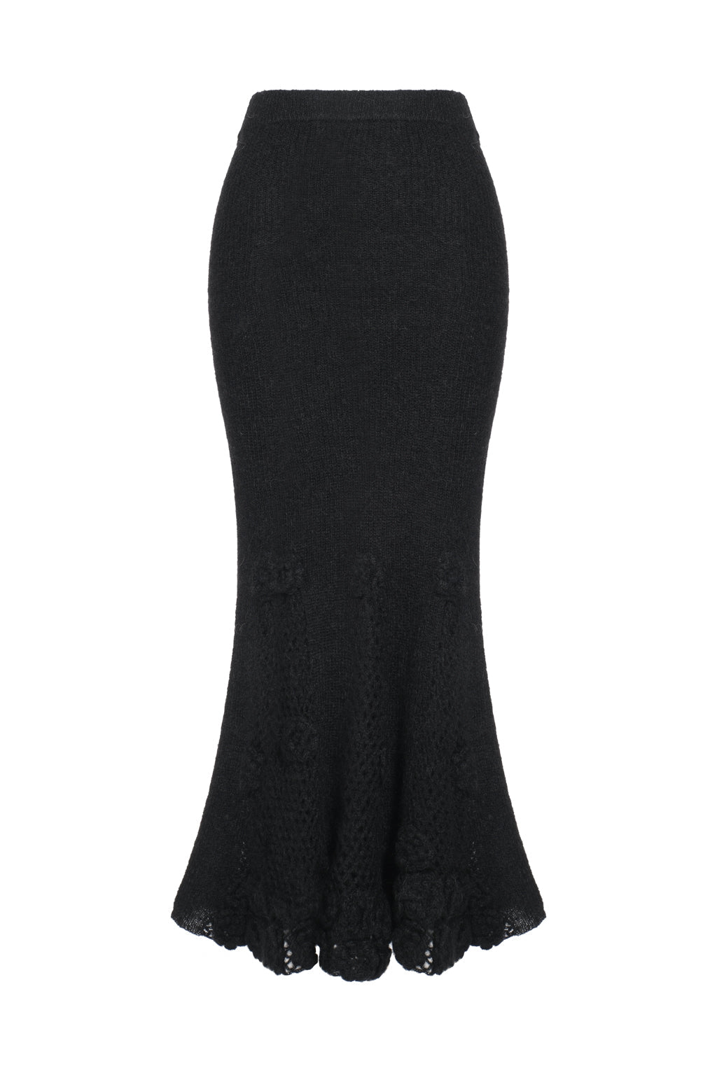 Falda Larga de Mohair Mezclado de Ganchillo con Flores - Negro