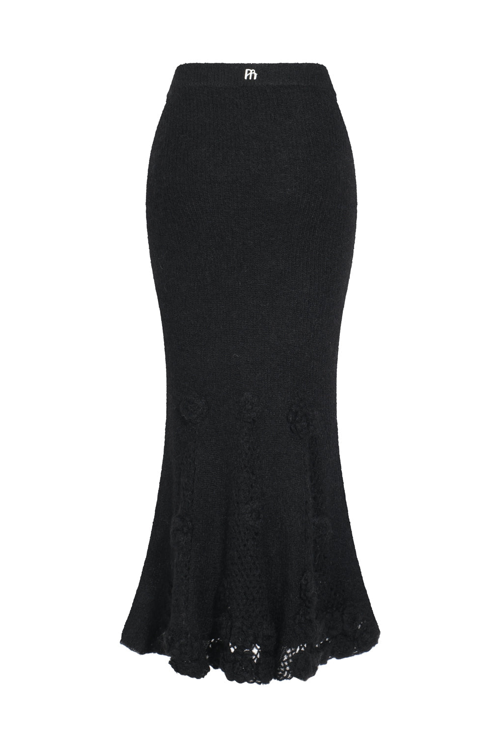 Falda Larga de Mohair Mezclado de Ganchillo con Flores - Negro