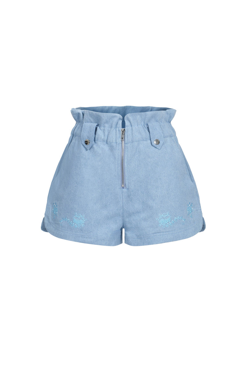 High Waisted Denim Shorts With Embroidery - Light Blue