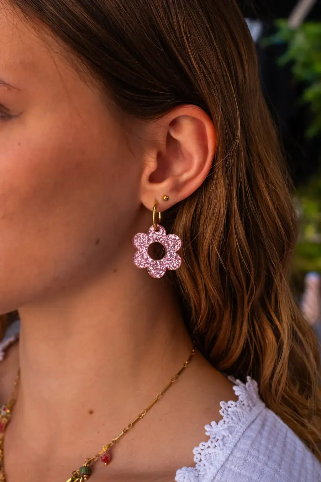 Pink Glittery Flower Earrings