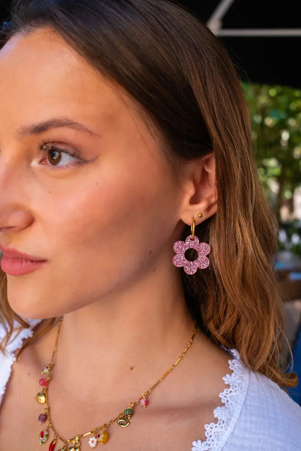 Pink Glittery Flower Earrings