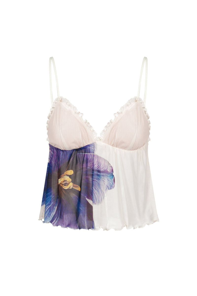 Camisola de tul con estampado de orquídeas moradas