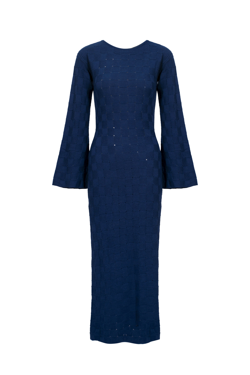 Abito in Lana Mista con Schiena Scoperta a Quadri - Blu Navy