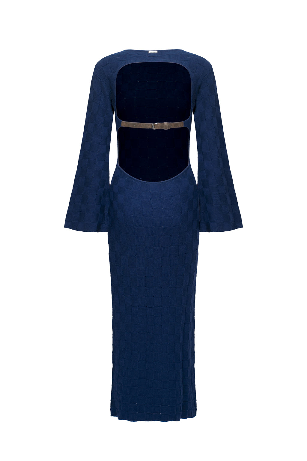 Abito in Lana Mista con Schiena Scoperta a Quadri - Blu Navy