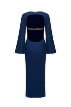 Abito in Lana Mista con Schiena Scoperta a Quadri - Blu Navy