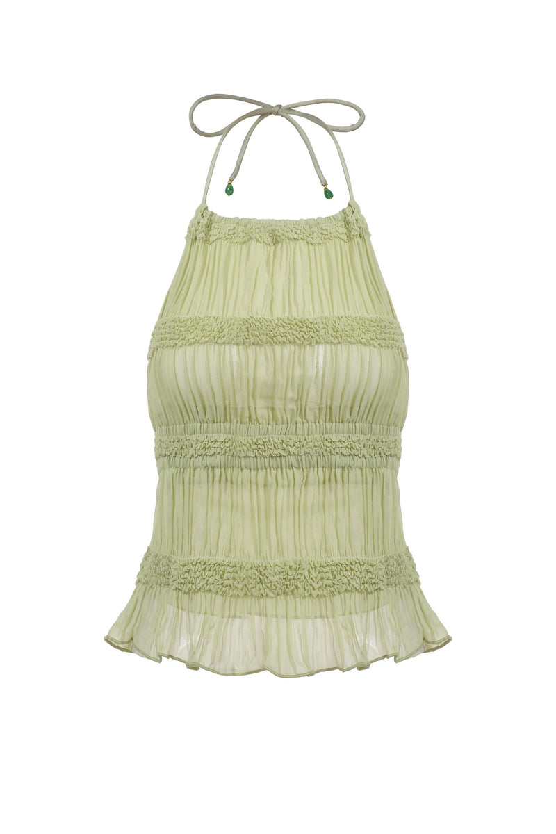Ruffled Smocked Halter Top - Green