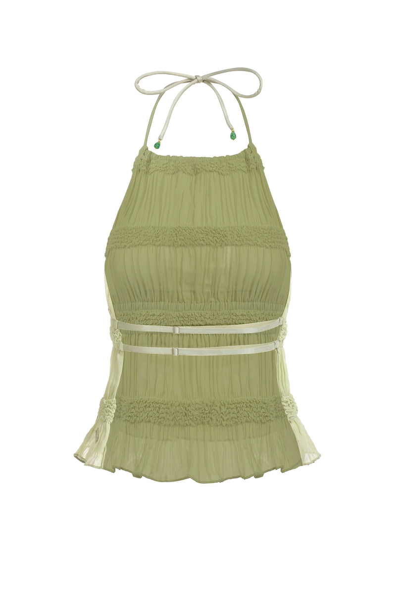 Ruffled Smocked Halter Top - Green