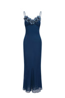 Embroidered Floral Chiffon Dress - Blue