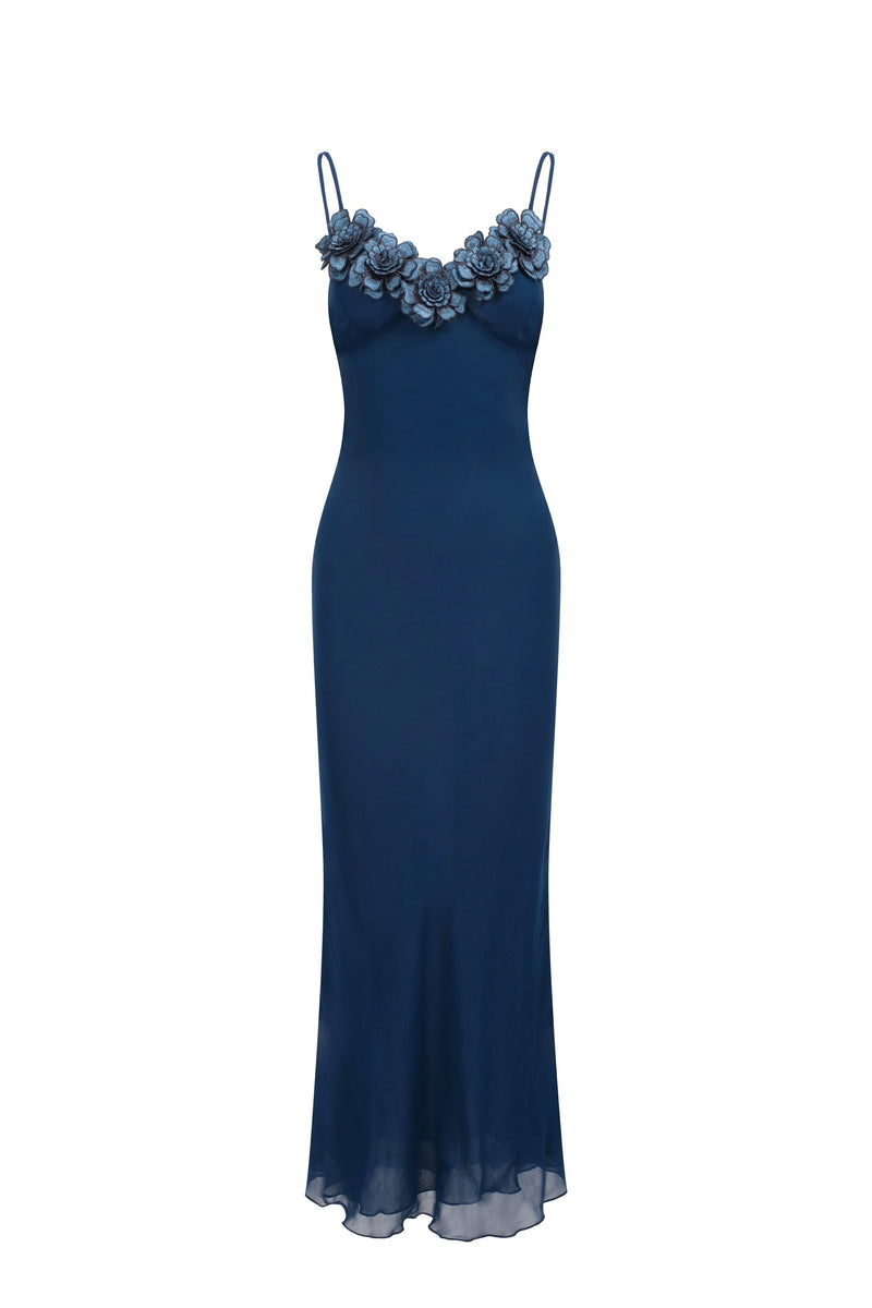 Embroidered Floral Chiffon Dress - Blue