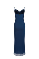 Embroidered Floral Chiffon Dress - Blue