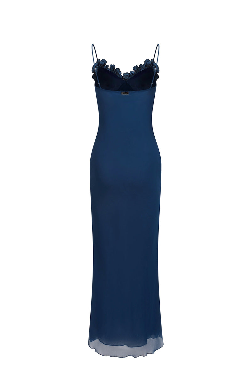 Embroidered Floral Chiffon Dress - Blue