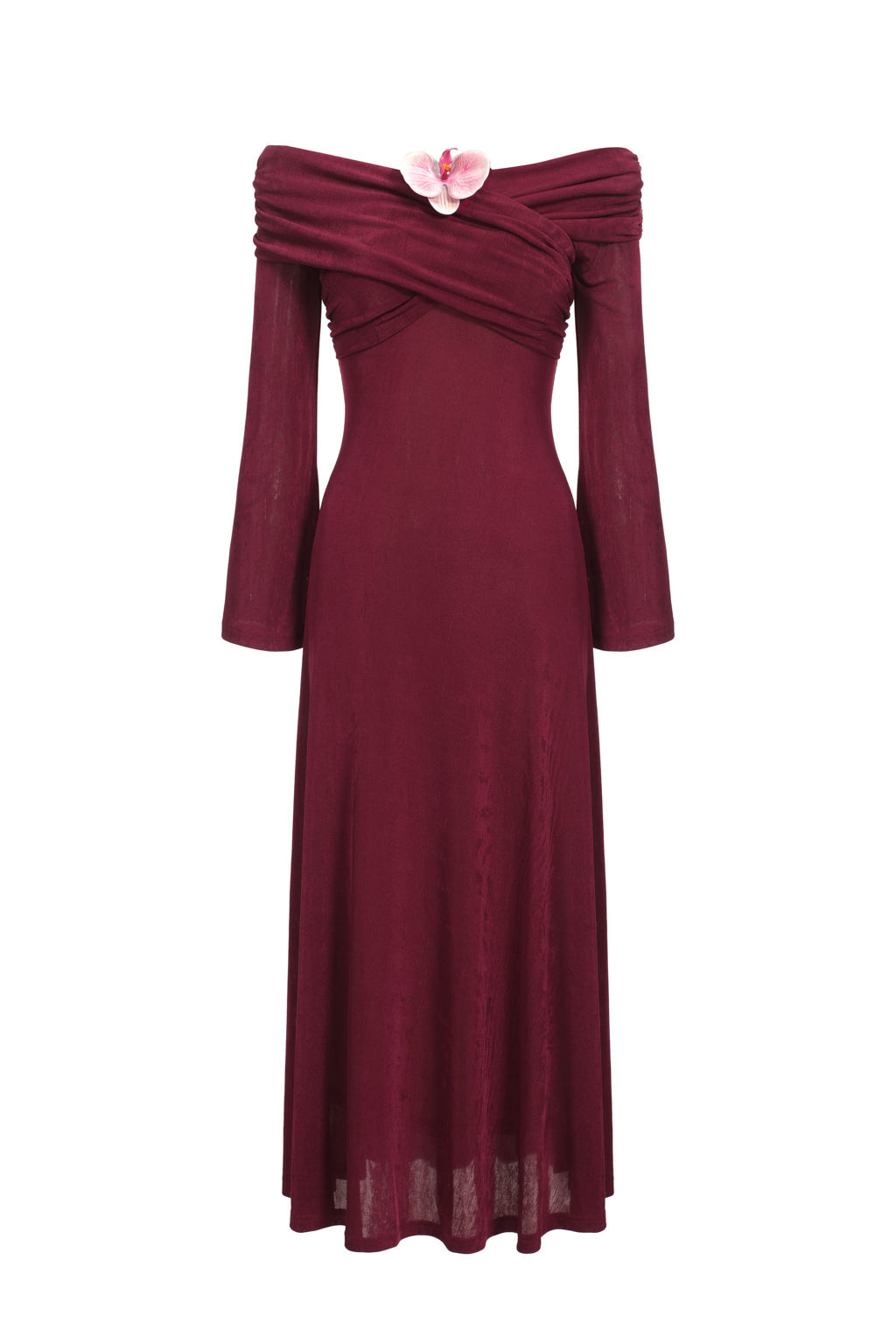 Draped Off-the-Shoulder Dress with Orchid Brooch - Fuchsia