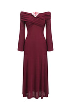 Draped Off-the-Shoulder Dress with Orchid Brooch - Fuchsia