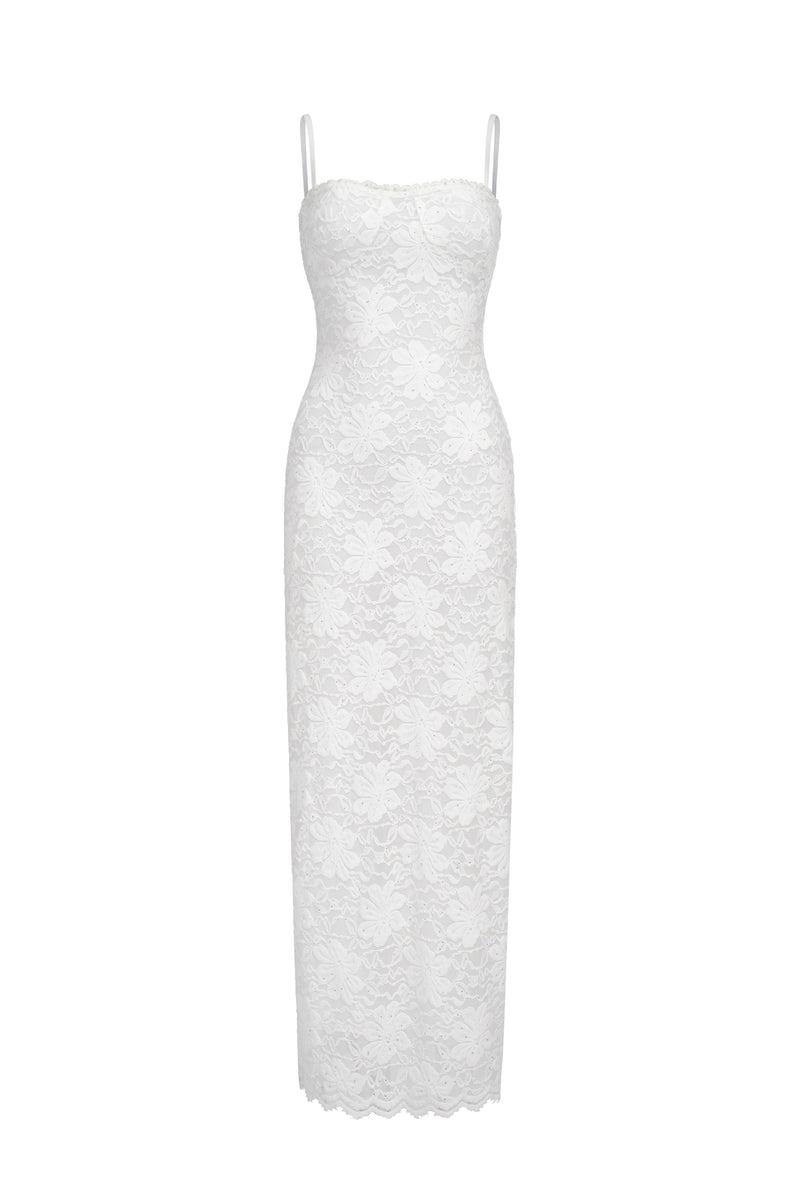 Robe Longue En Sequins Et Dentelle - Blanc