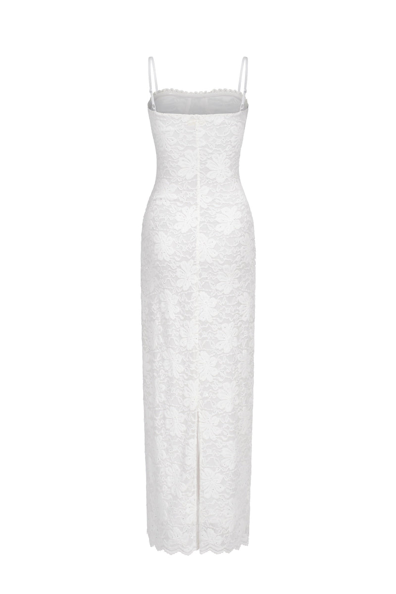 Robe Longue En Sequins Et Dentelle - Blanc