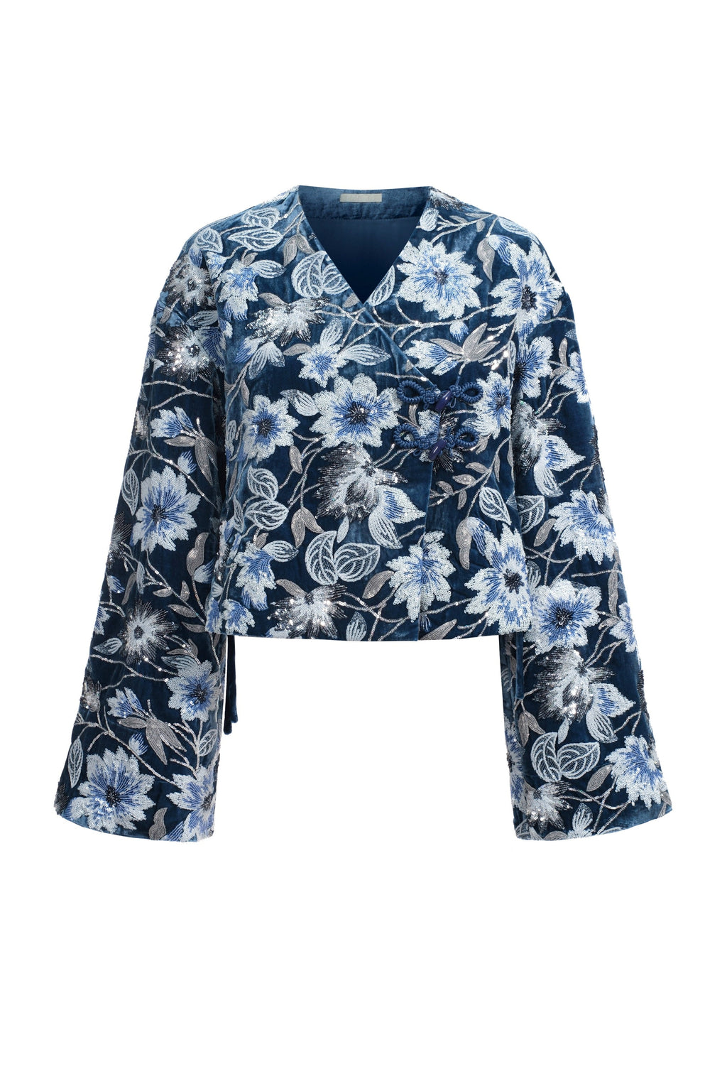 Chaqueta Corta de Terciopelo Bordado - Azul