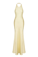 Long Satin Dress With Chiffon Stole - Yellow