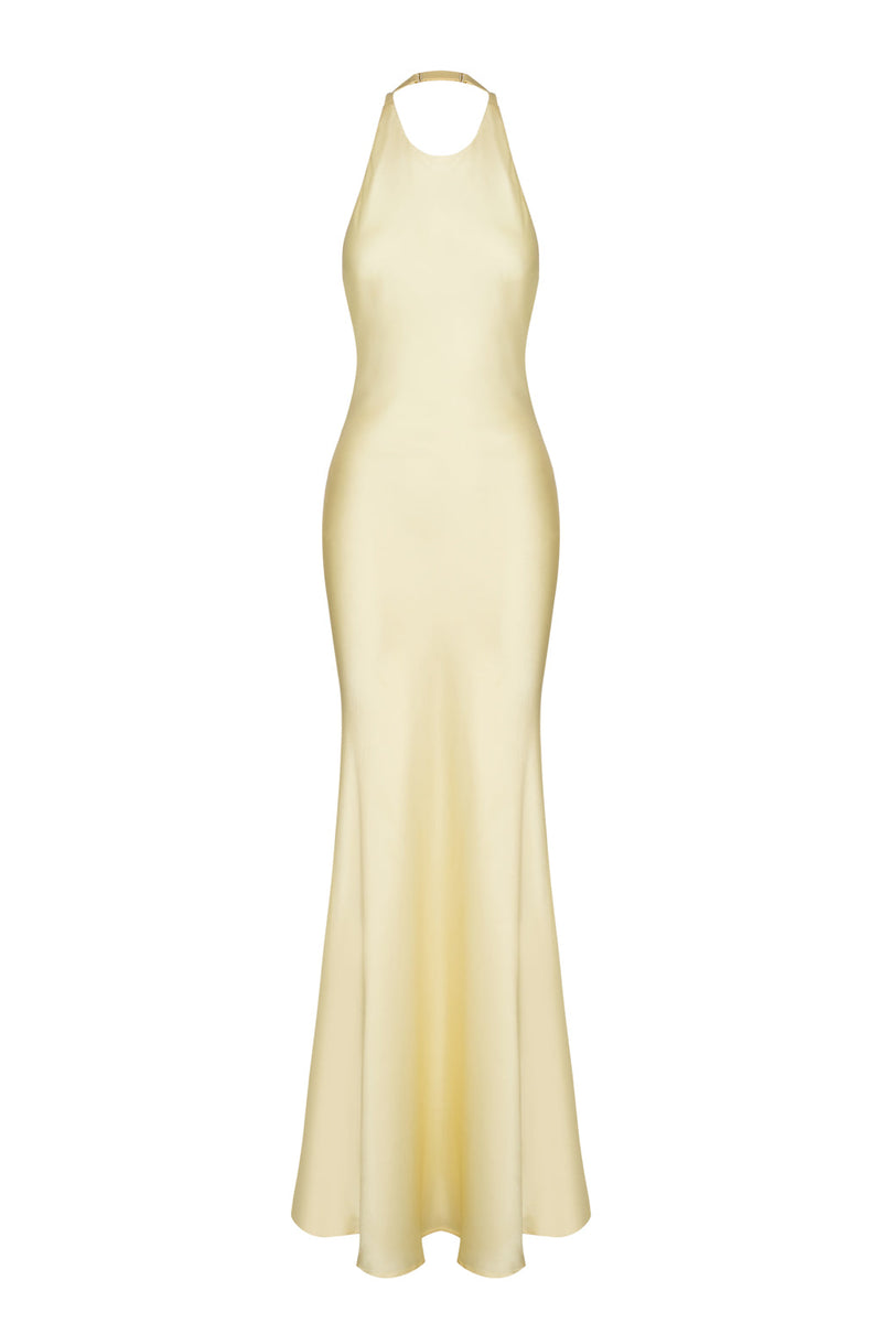 Long Satin Dress With Chiffon Stole - Yellow