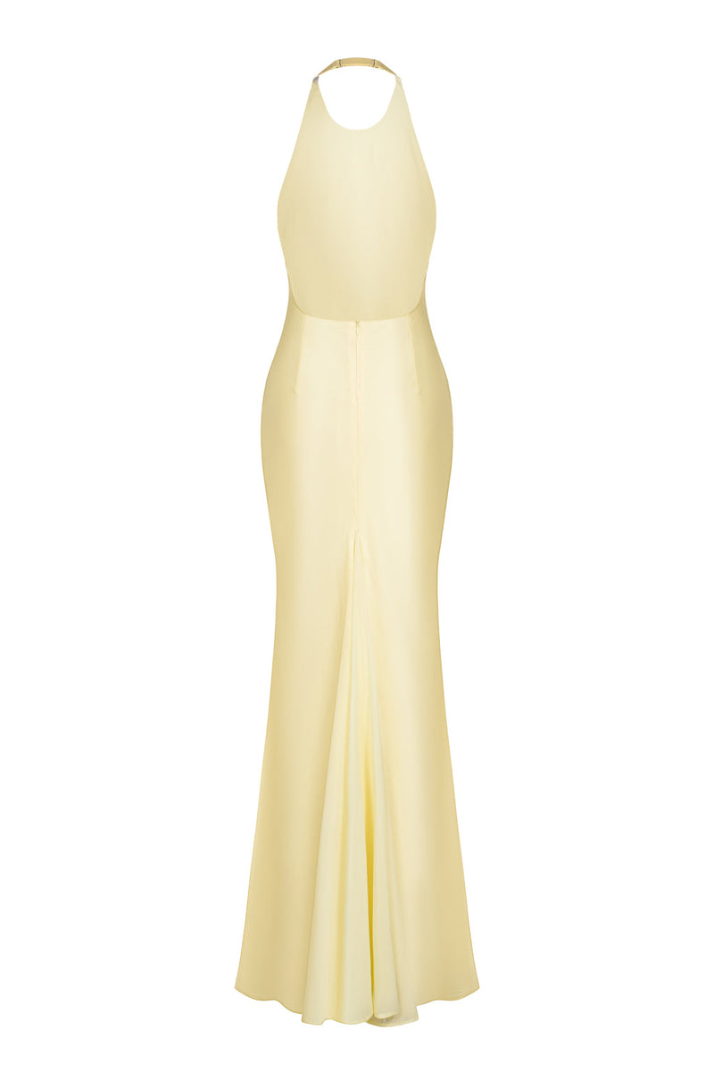 Long Satin Dress With Chiffon Stole - Yellow