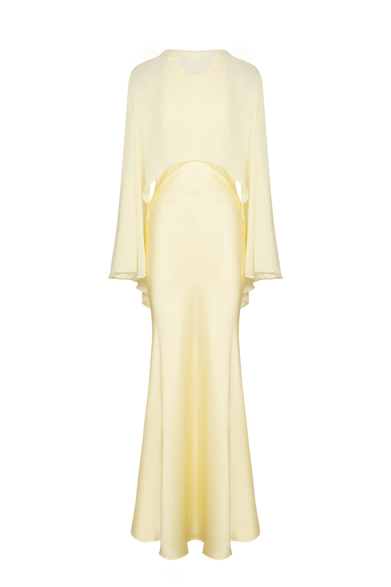 Long Satin Dress With Chiffon Stole - Yellow