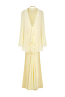 Long Satin Dress With Chiffon Stole - Yellow