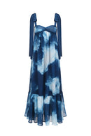 Printed Pleated Chiffon Dress - Blue