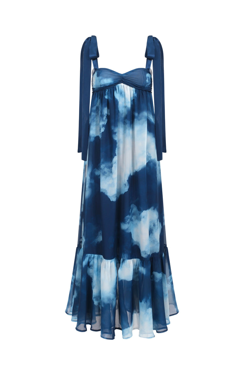 Printed Pleated Chiffon Dress - Blue