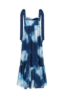 Printed Pleated Chiffon Dress - Blue