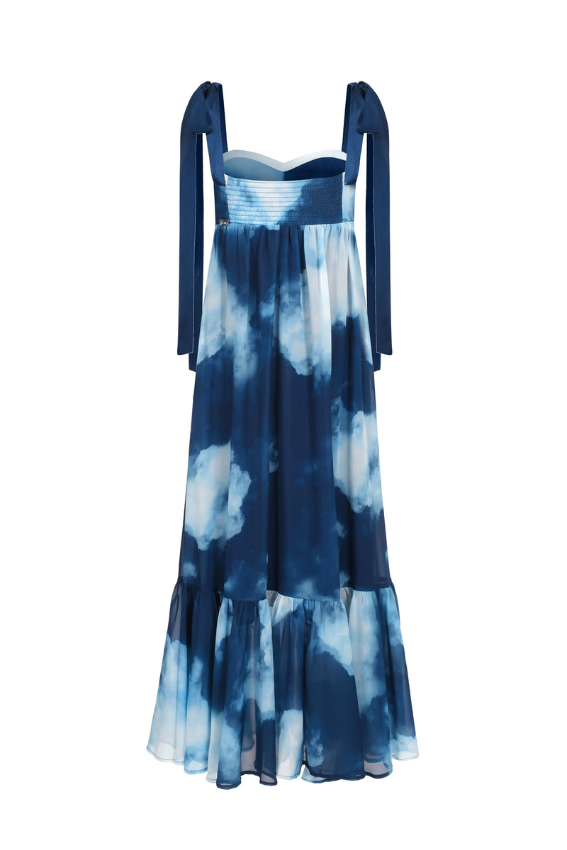 Printed Pleated Chiffon Dress - Blue