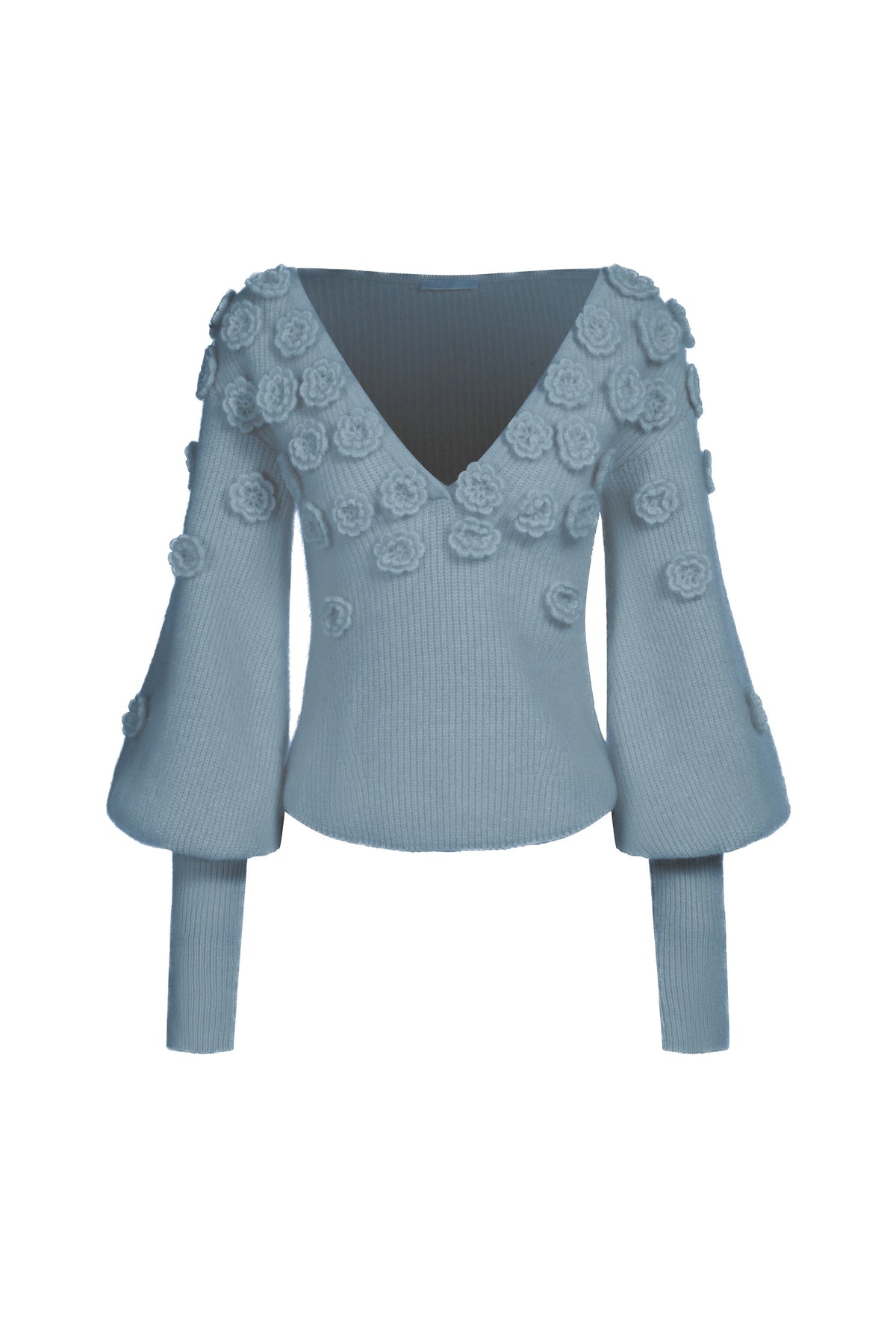 Maglione con scollo a V in mohair e lana con fiori - Blu